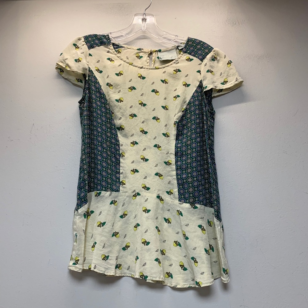 Maeve Silk Acorn Print Peplum Blouse Womens 0 Cream Excellent Mixed Pattern Top